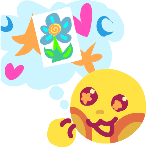 a yellow face with amber cheeks and orange eyes thinking. Its pale blue thought bubble has a paper with a drawing of a blue flower, surrounded by pink hearts, yellow stars, and blue cresents